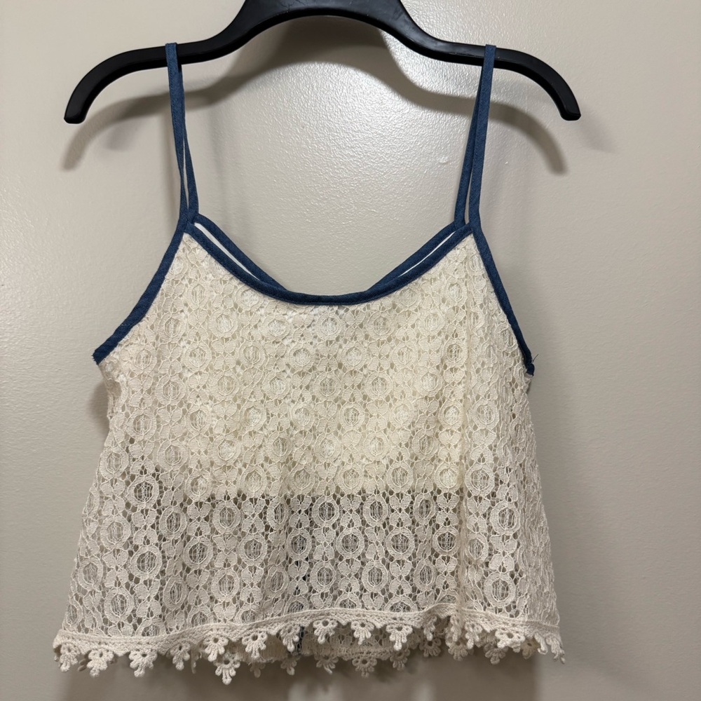 Paper Crane White Lace Camisole with Blue Trim - Picture 5 of 6